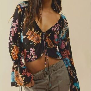 Free‎ People Of Paradise Black Floral Mesh Long Sleeve Top Size XS